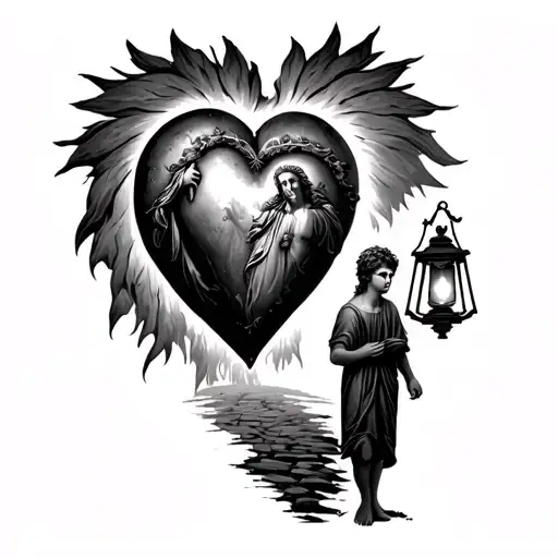 detailed sacred heart of Jesus like the original, then a windy road underneath leading to it with a boy holding lantern tattoo design idea