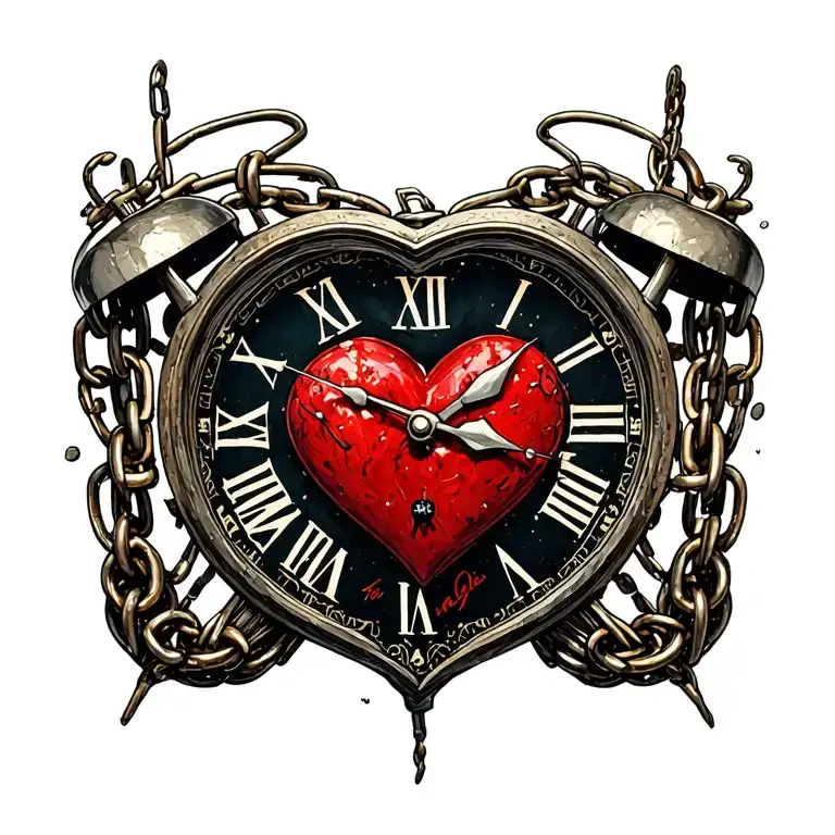"Mélanie" clock heart chains tattoo design idea
