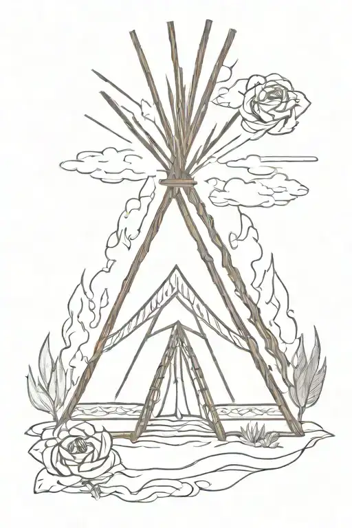 teepee, wild west, fire, rose tattoo design idea