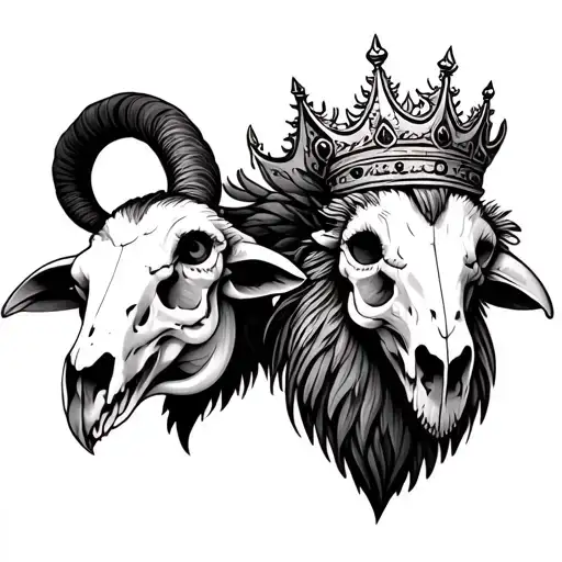 two goat skull head and rooster wearing a crown tattoo design idea