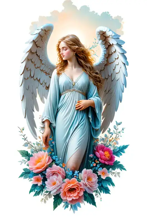 angel and flowers tattoo design idea