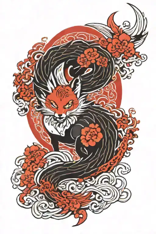I want a symbol that represents the connected soul of a kitsune, black and red. tattoo design idea