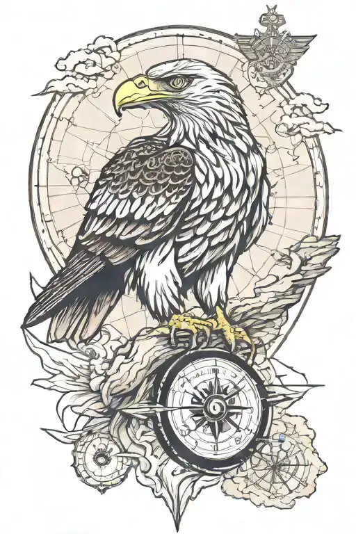 sea ​​eagle with compass with map tattoo design idea