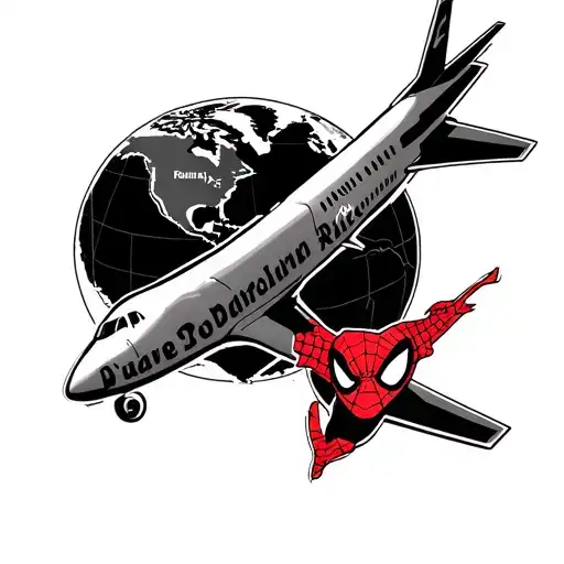 Plane traveling around the world, spiderman logo, scarlet witch logo and Puerto Rico coordinate tattoo design idea
