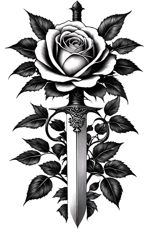 A beautiful hybrid tea rose intertwined with a Jian Sword tattoo design idea
