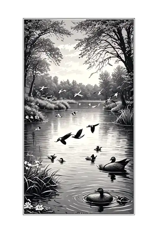 pond with ducks flying tattoo design idea