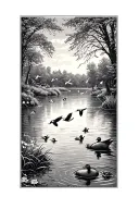 pond with ducks flying tattoo design idea