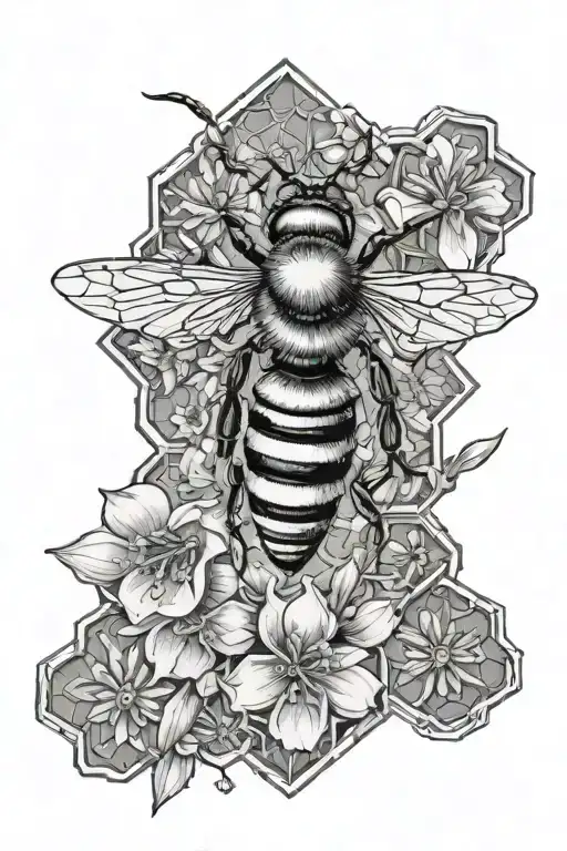 bee, honeycomb. flowers intertwined tattoo design idea