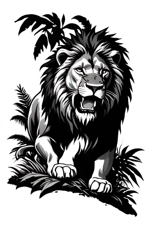 a lion roaring with a jungle in the background. use some Jewish Israeli heritage in the design  tattoo design idea