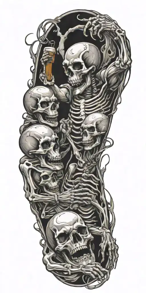 beer and skeletons and demons fighting tattoo design idea