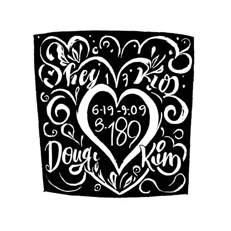 simple heart outline with anniversary date 6-19-09 and Doug & Kim tattoo design idea