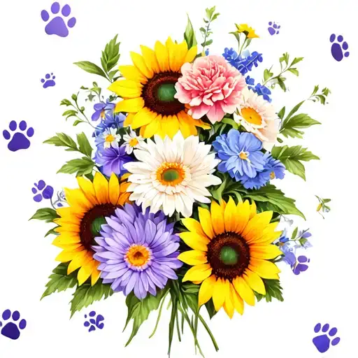 A colorful bouquet of sunflowers, asters, violets, carnations, and chrysanthemum with hidden paw prints throughout.  tattoo design idea