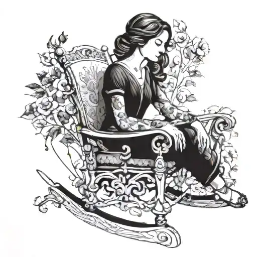 Description of the motif: - Young woman in a rocking chair: The woman sits sideways in the rocking chair, with a gentle, relaxed tattoo design idea