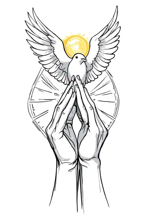 "Tessa 10-06-23 " Open praying hands with a dove flying out of sunshine tattoo design idea