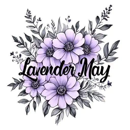 "Lavender May" daughters name with flowers tattoo design idea