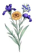 Bouquet of 4 flowers including iris, marigold, violet, and larkspur tattoo design idea
