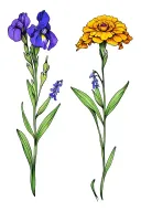 Bouquet of 4 flowers including iris, marigold, violet, and larkspur tattoo design idea
