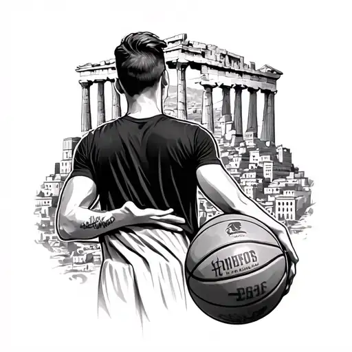 a guy holding a basketball looking at an old athens city with the acropolis on top. calf sleeve tattoo tattoo design idea