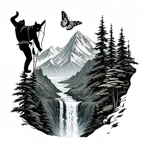 man looks climbing on a far mountain, while a cat tries to catch butterfly within bushes and trees,and glacier waterfall tattoo design idea