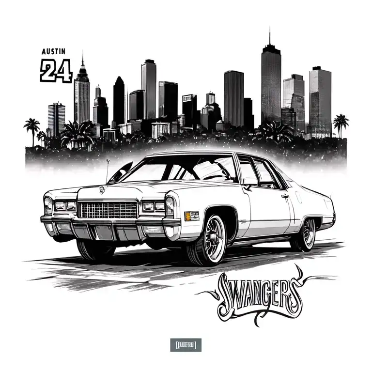 austin texas skyline with 512 in the top right corner and 24 on the top left corner and a cadillac with swangers tattoo design idea