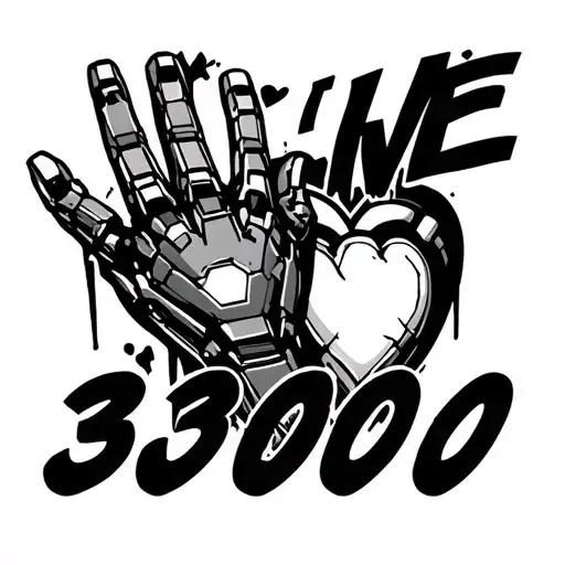 i love 3000 text with iron mans glove broken from the end game and iron mans heart in background tattoo design idea
