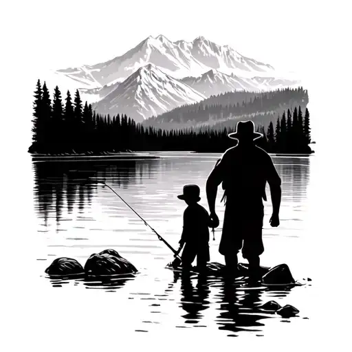 Shiloute shadow dad and son standing fishing in a river facing the mountains black and white simple tattoo design idea