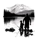 Shiloute shadow dad and son standing fishing in a river facing the mountains black and white simple tattoo design idea