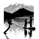 Shiloute shadow dad and son standing fishing in a river facing the mountains black and white simple tattoo design idea