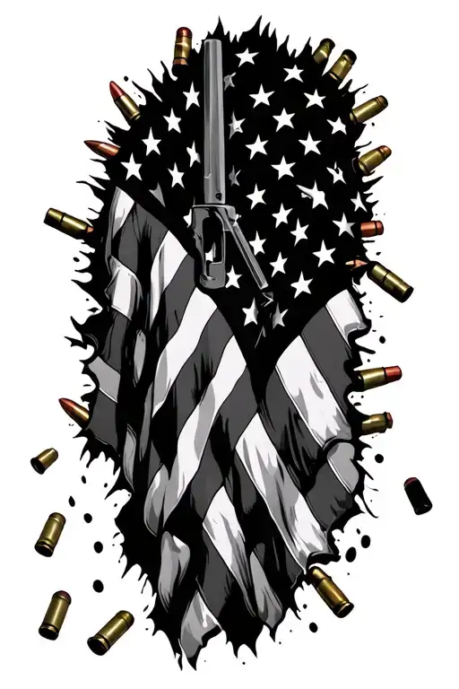 American flag torn, bullet casings scattered, Stryker, tattoo design idea