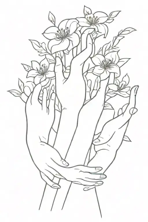 mom with 3 kids, hands, names, flowers intertwined tattoo design idea