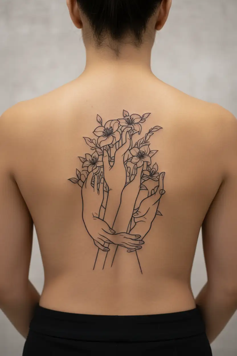 mom with 3 kids, hands, names, flowers intertwined tattoo design idea