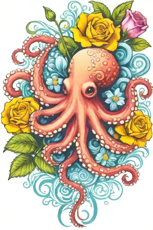 octopus, snowdrop, rose,  marigold flower tattoo design idea