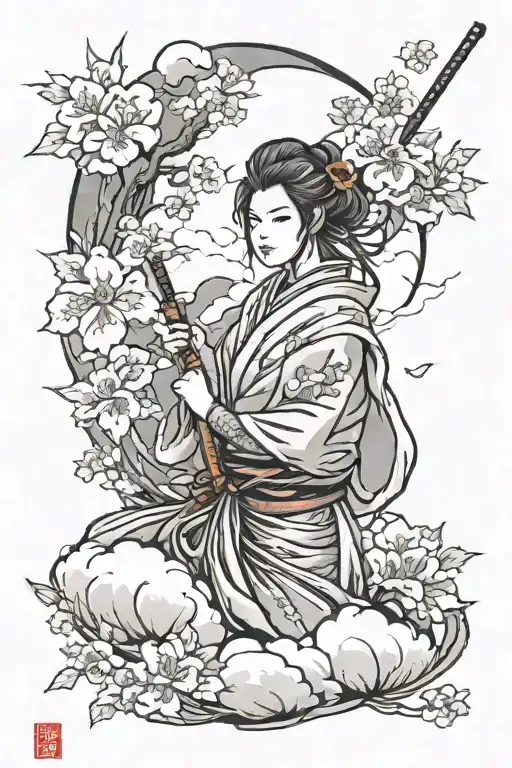 samurai, kunoichi, japanese cloud, sakura flower tattoo design idea