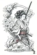 samurai, kunoichi, japanese cloud, sakura flower tattoo design idea