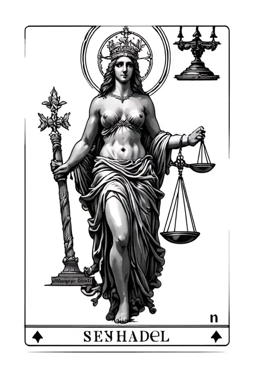 lady justice with the head of the empress tarot card walking barefoot tattoo design idea
