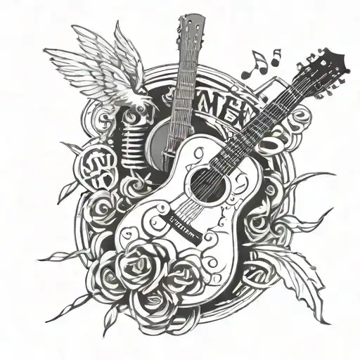 mic and guitar surrounded my music notes tattoo design idea