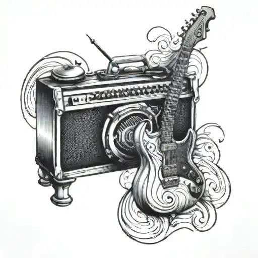 A music-themed tattoo design that includes elements of startup and innovation, symbolizing your creative approach to software development tattoo design idea