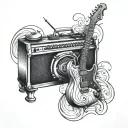 A music-themed tattoo design that includes elements of startup and innovation, symbolizing your creative approach to software development tattoo design idea