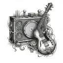 A music-themed tattoo design that includes elements of startup and innovation, symbolizing your creative approach to software development tattoo design idea