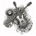 A music-themed tattoo design that includes elements of startup and innovation, symbolizing your creative approach to software development tattoo design idea