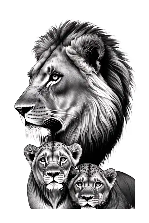 Lioness and 3 lion cubs face only tattoo design idea