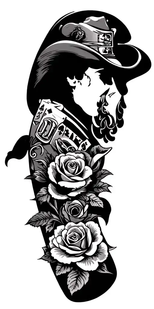 Texas themed western sleeve with roses, doc holiday pistols and gambling tattoo design idea