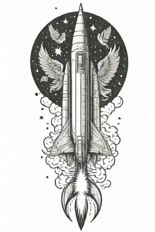 rocket ship with angels above int he heavens of space and demons below on earth tattoo design idea