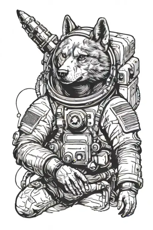 an astronaut with a deadly wolf head tattoo design idea