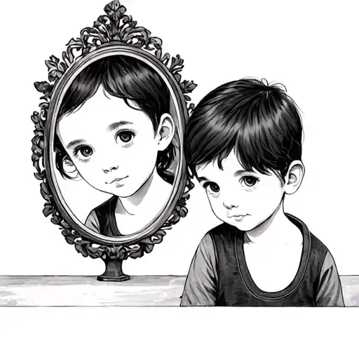 brown little girl looking at the reflection of herself in a mirror but sees herself as a little boy  tattoo design idea