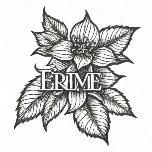 A minimalist blackwork tattoo of the name Eri with a small clove bud as a subtle accent tattoo design idea