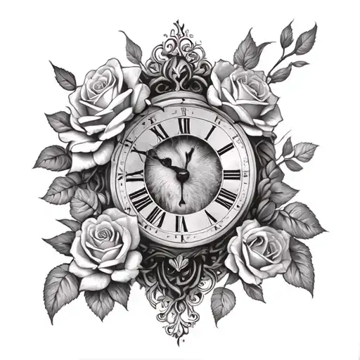 roses growing together with oldschool clock melting on lions head tattoo design idea