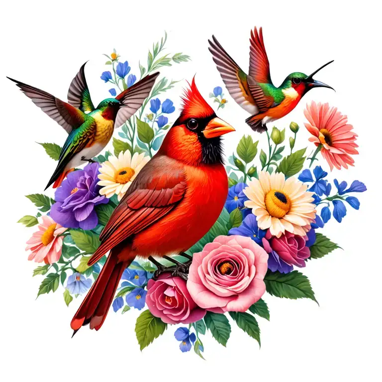 include cardinals, hummingbirds, daisies, sweet peas, roses, chrysanthemums, carnations, violets, primrose, peonies tattoo design idea