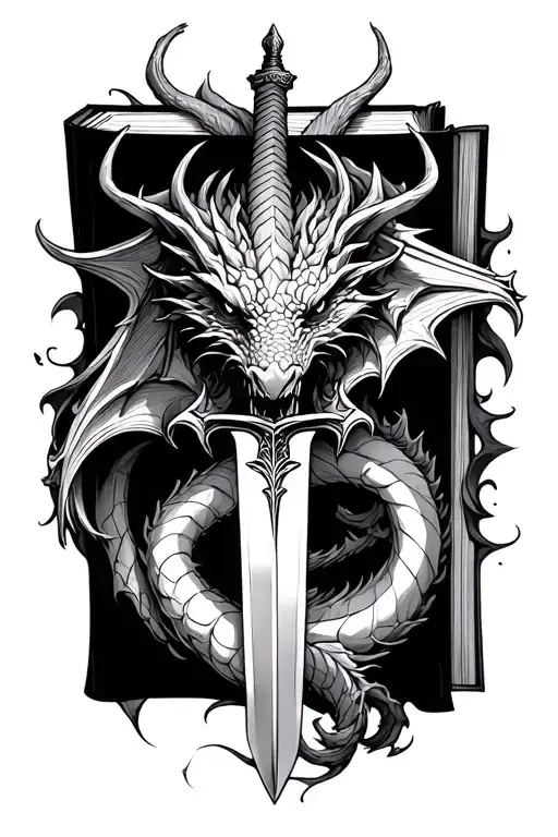 dragon and dark romance book with dagger going thru  tattoo design idea