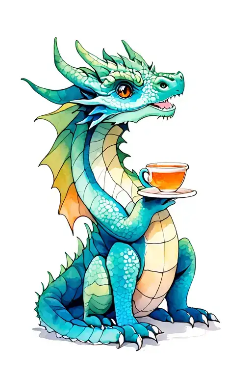 adorable dragon sitting on haunches with a cup of tea tattoo design idea